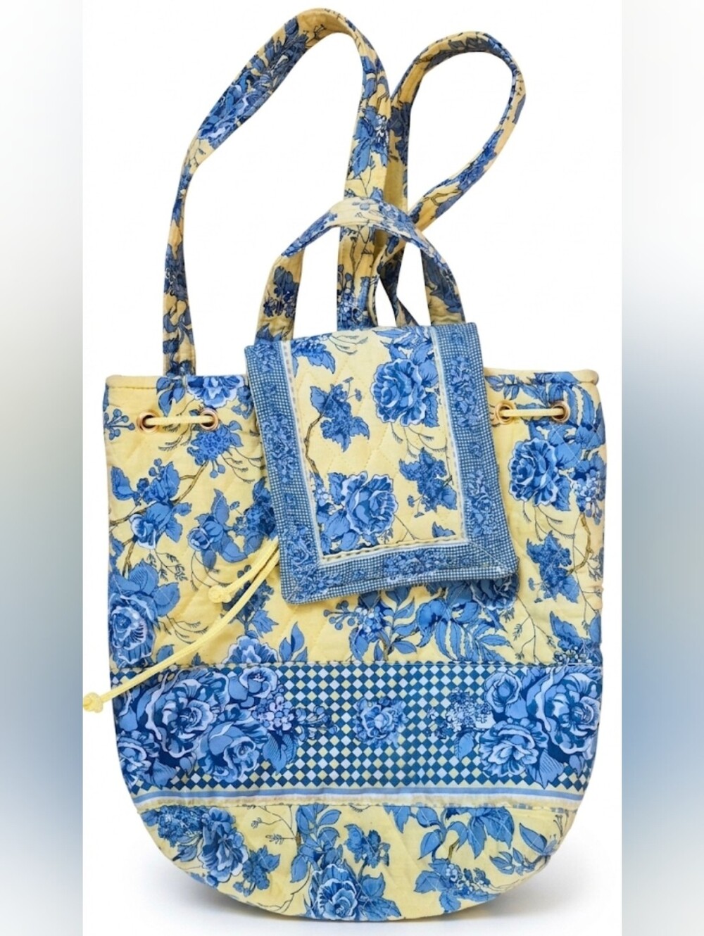 Quilted Floral Backpack Tote By Sharif Yellow & Blue Rose Print Gingham Trim